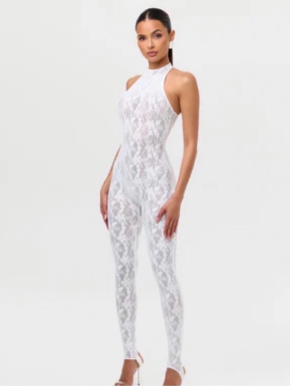 Naked Wardrobe White Lace Bodycon Jumpsuit With Racer Back Size L NEW